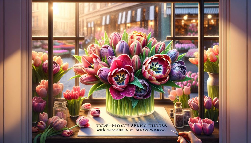 Топ передать весенние тюльпаны: с макро-деталями, у витрины