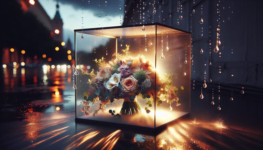 Вдохновение подсветить букет невесты у витрины с брызгами воды