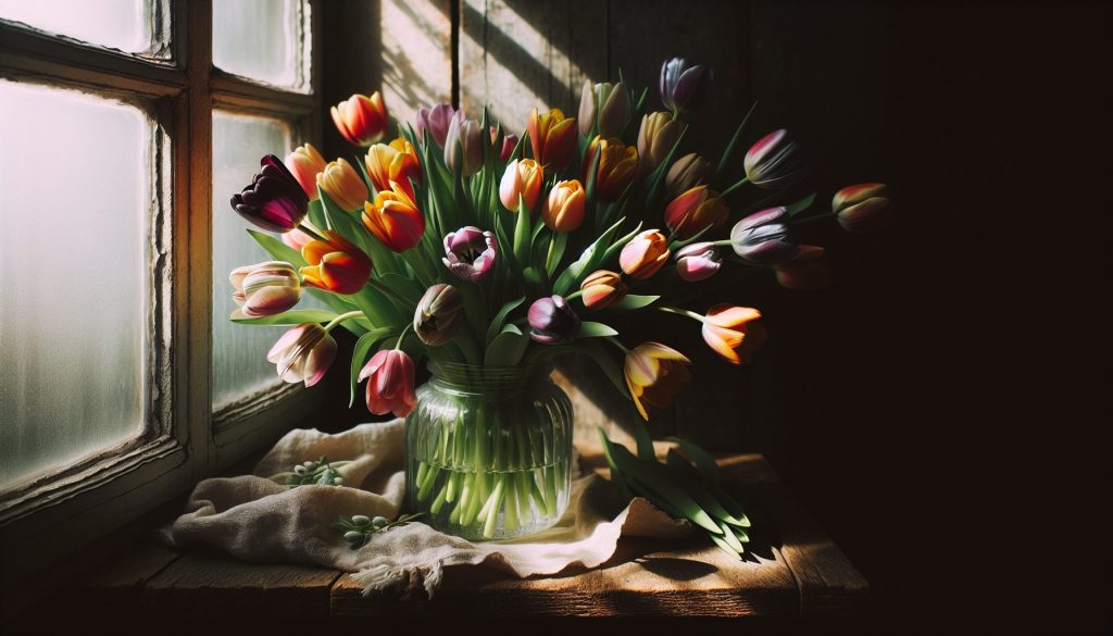 Метод: Снять портрет весенние тюльпаны на подоконнике — через стекло