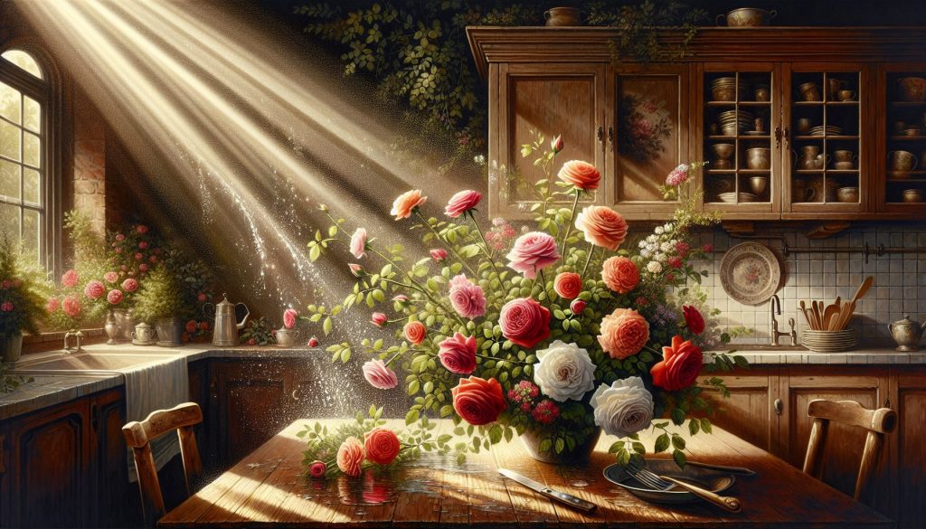 Мифы и правда создать объем садовые розы — на кухне, с брызгами воды