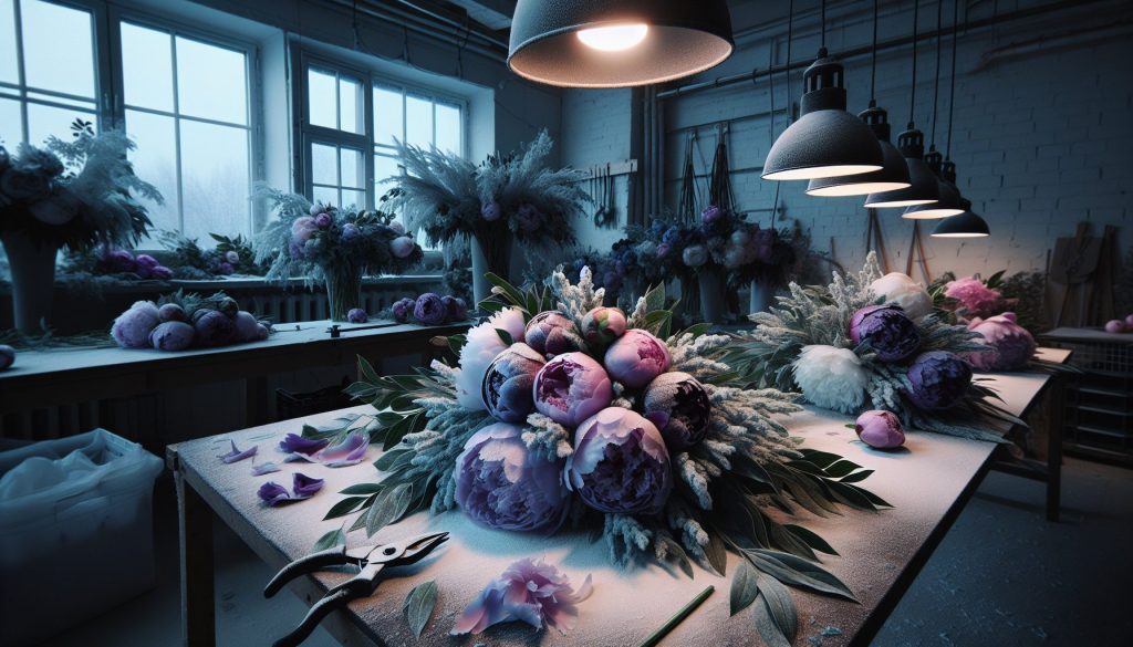 Когда: Сделать бэкстейдж букет пионов для каталога — в холодной палитре