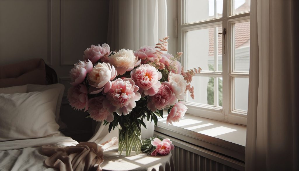 Антикейс настроить свет букет пионов дома у окна с глубиной резкости