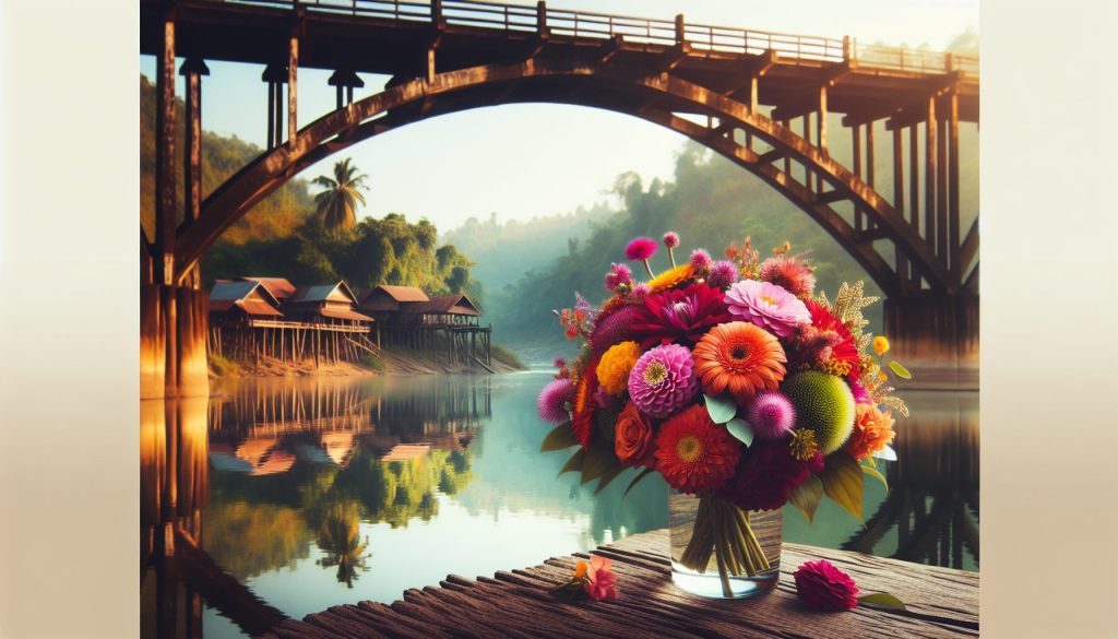 Фотосъёмка букета у воды: мосты, река и отражения в кадре