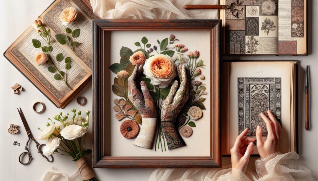 Живые детали: руки, страницы книги и ткань в кадре с букетом